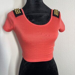 Vintage Y2K Charlotte Russe Coral Crop‎ Top W/ Gold Studded Shoulders XS